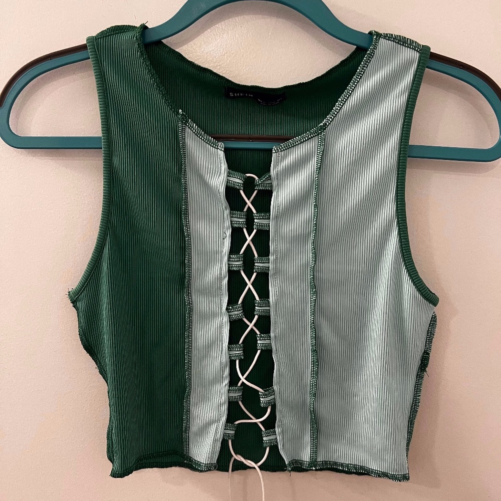 Shein Lace Up Front Tank Top- Blue & Green Multicolor